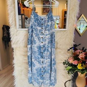 H&M Linen Blend Button Front Midi Dress Blue Toile Print Cottagecore Dress